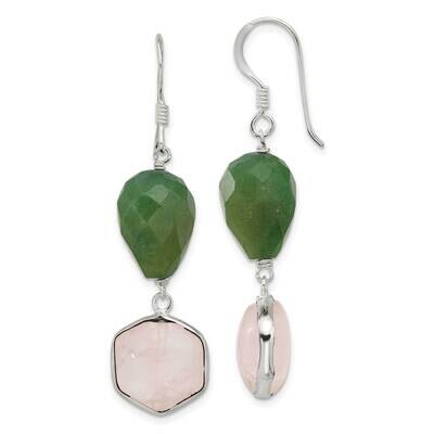 Aventurine &amp; Hexagon Rose Quartz Dangle Earrings Sterling Silver Polished QE17356, MPN: QE17356,