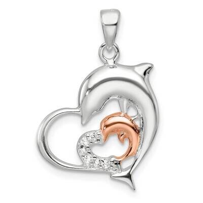 Rose-Tone Polished CZ Dolphin Heart Pendant Sterling Silver QC11364, MPN: QC11364,