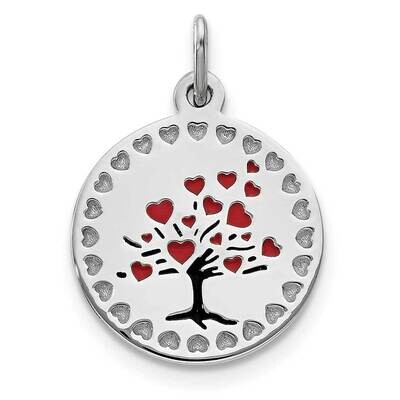 Enameled Red Hearts Tree Circle Pendant Sterling Silver Polished QC9347, MPN: QC9347,