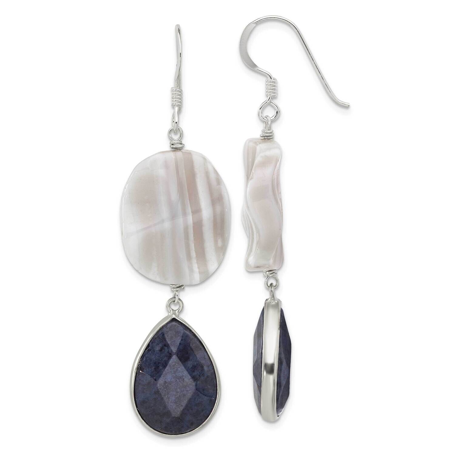 Wavy Grey Agate &amp; Lapis Teardrop Dangle Earrings Sterling Silver Polished QE17380, MPN: QE17380,