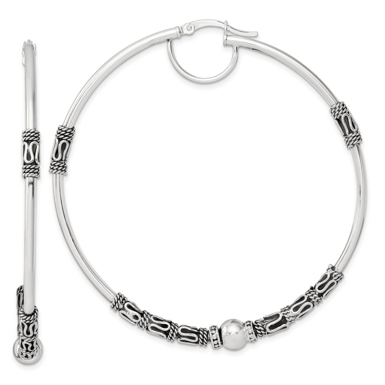 Antiqued Fancy Beaded Hoop Earrings Sterling Silver QE16845, MPN: QE16845,