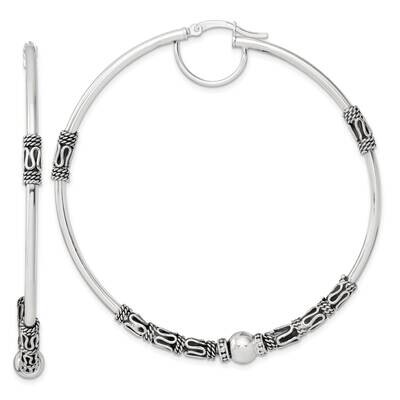 Antiqued Fancy Beaded Hoop Earrings Sterling Silver QE16845, MPN: QE16845,