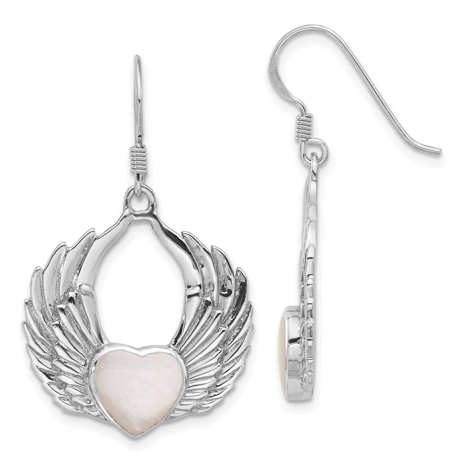 Rhod-Plated Polished Mother Of Pearl Winged Heart Earrings Sterling Silver QE17525