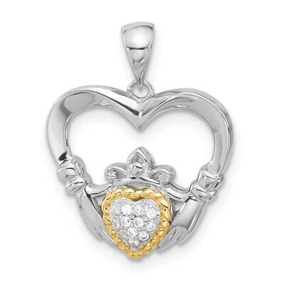 Sterling Silver Accent Rhodium-Plated CZ Heart Claddagh Pendant 14k Gold QC11351, MPN: QC11351,