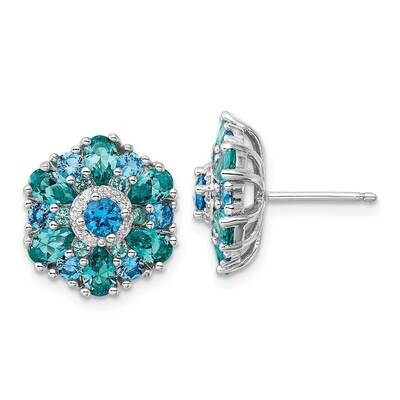 Rh-Pltd Blue/Green Nano Crystal CZ Floral Post Earrings Sterling Silver QE16765, MPN: QE16765,