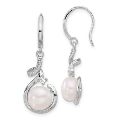 Rh-Plat Polished 8-8.5mm Fwc Pearl CZ Dangle Earrings Sterling Silver QE17253, MPN: QE17253,