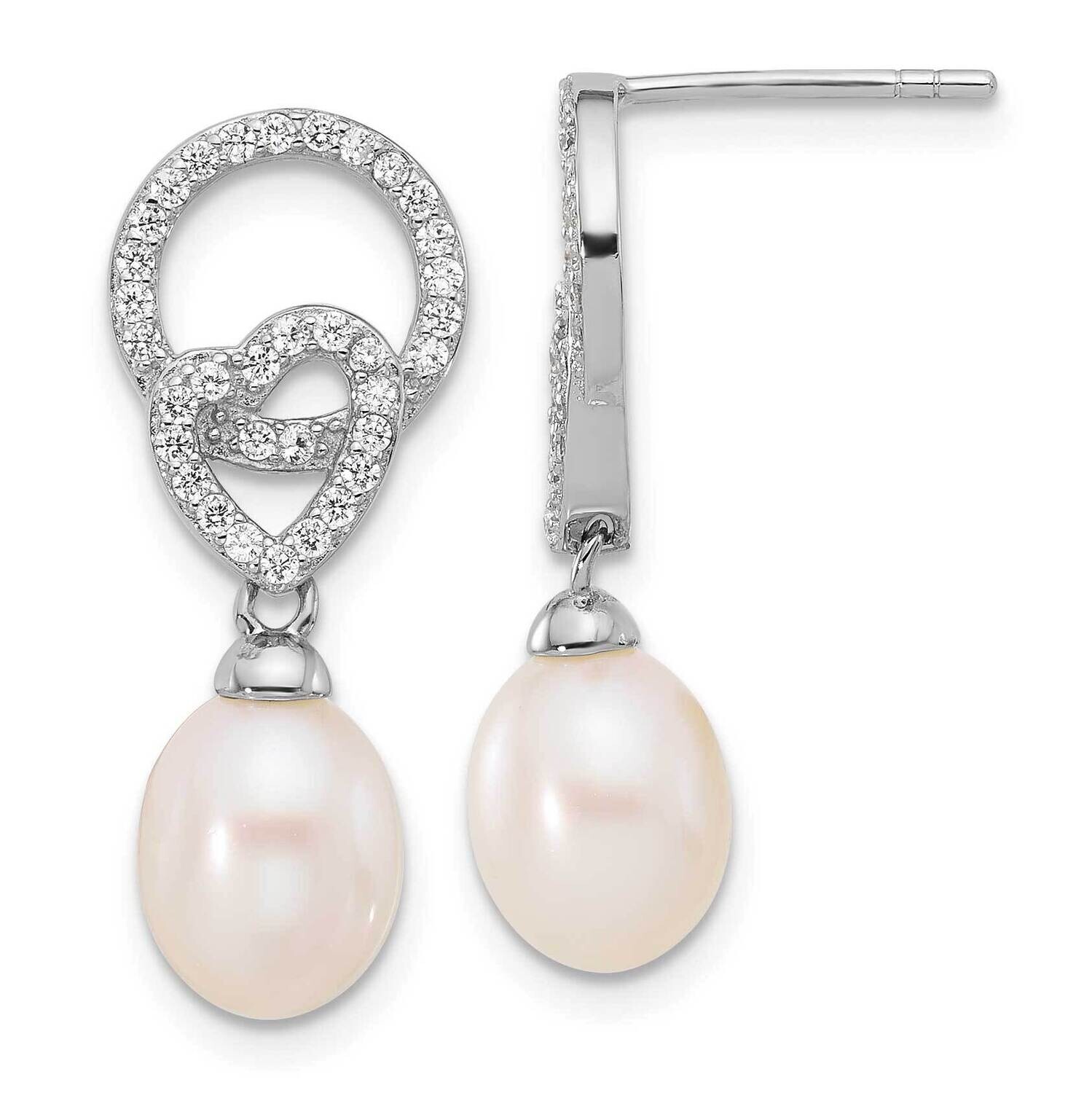 Rh-Plated 7-8mm Fwc Pearl CZ Heart Post Dangle Earrings Sterling Silver QE17225, MPN: QE17225,