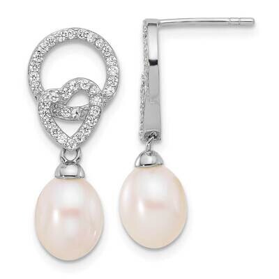 Rh-Plated 7-8mm Fwc Pearl CZ Heart Post Dangle Earrings Sterling Silver QE17225, MPN: QE17225,