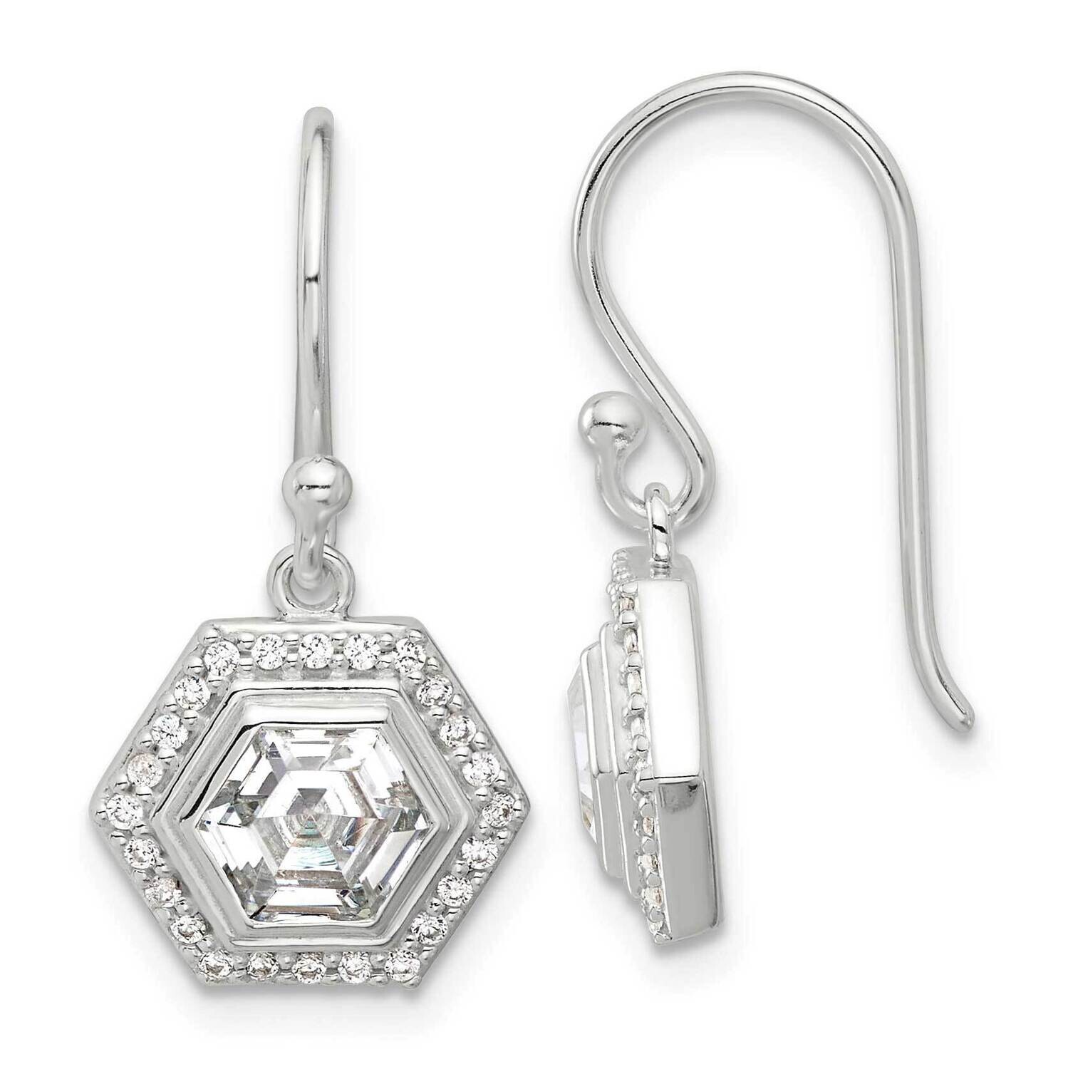 E-Coated Polished CZ Hexagon Dangle Earrings Sterling Silver QE17138, MPN: QE17138,