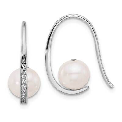 Rh-Plated 8-8.5mm Fwc Pearl CZ Shepherd Hook Earrings Sterling Silver QE17231, MPN: QE17231,