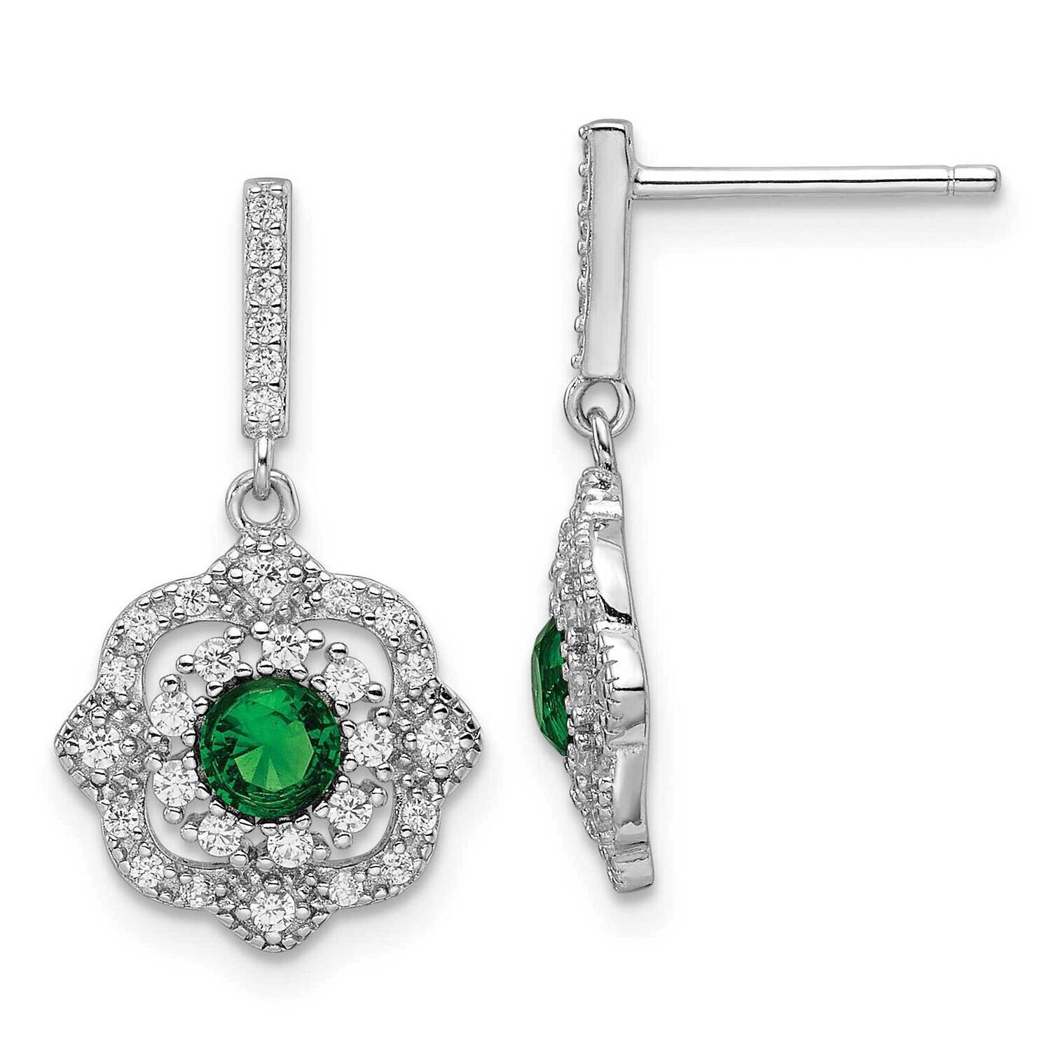 Rh-Pltd Green Glass Clear CZ Vintage Dangle Post Earrin Sterling Silver QE16760, MPN: QE16760,