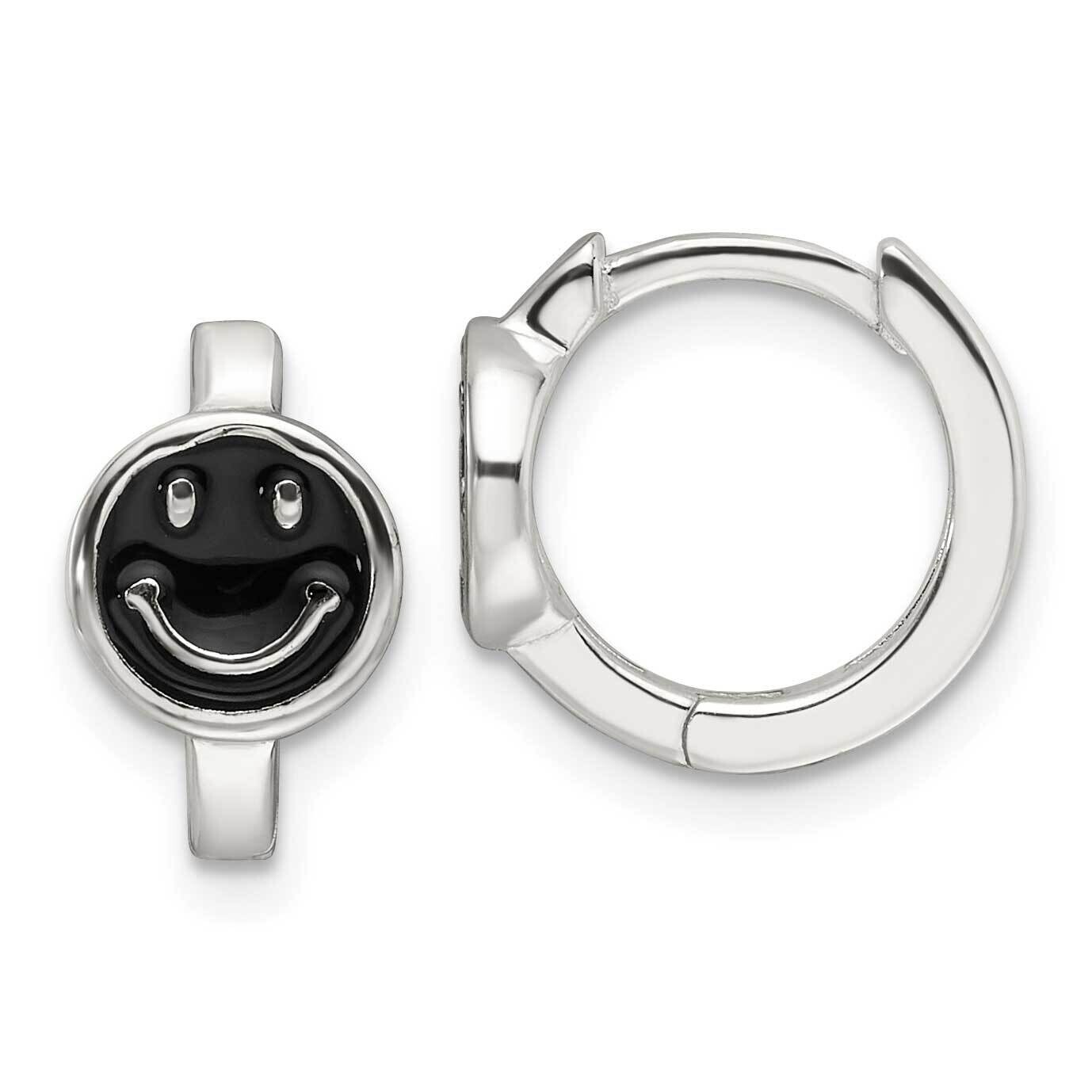 E-Coating Black Enamel Smiley Face Hoop Earrings Sterling Silver QE17608, MPN: QE17608,