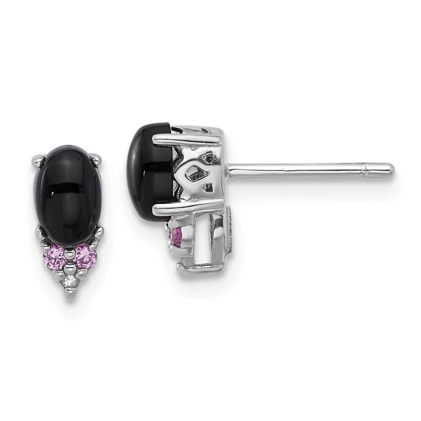 Rh-Plated Black Onyx .08 Cr.Pink Sapphire Diamond Post Earring Sterling Silver QE17766