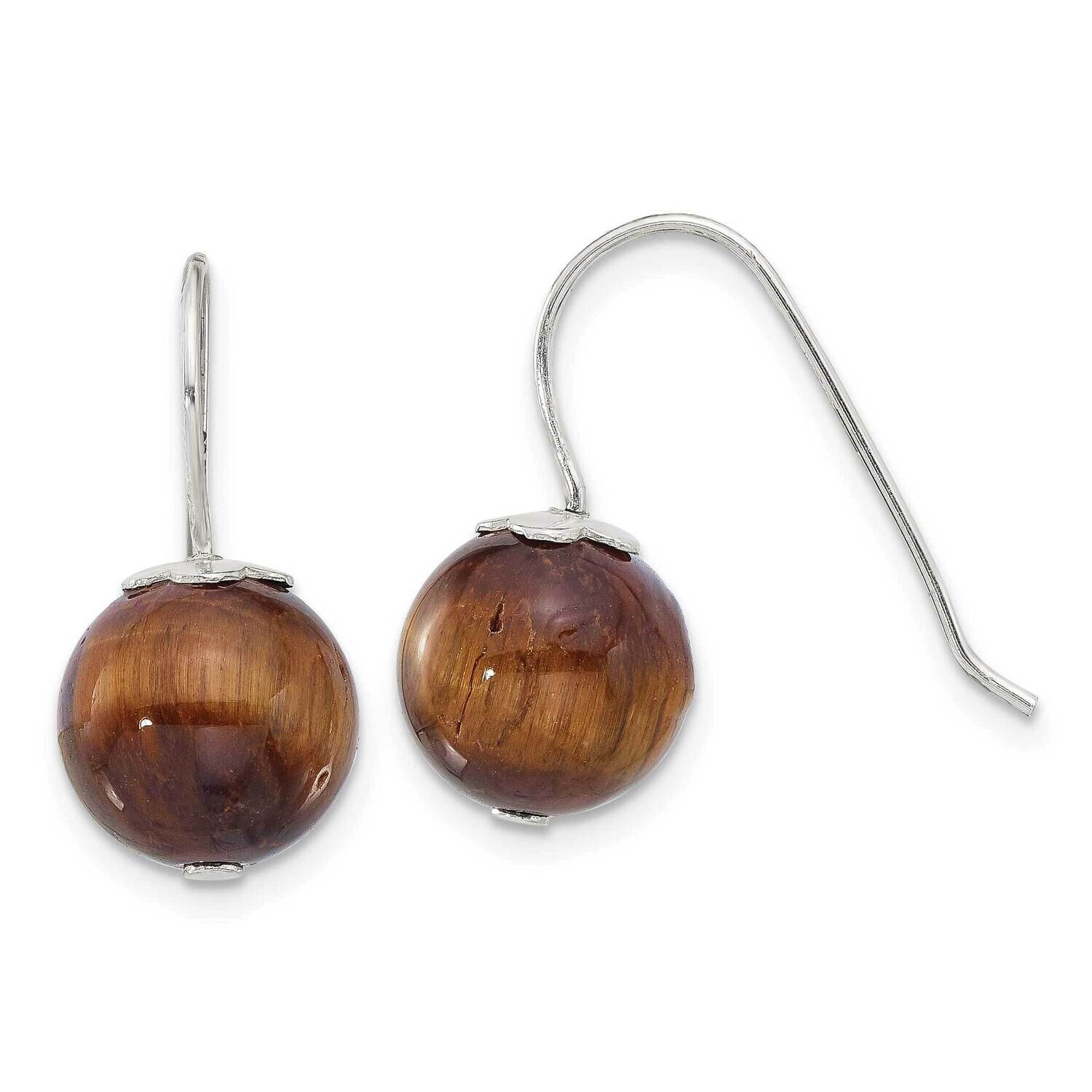 10mm Round Tiger's Eye Dangle Earrings Sterling Silver Polished QE17388