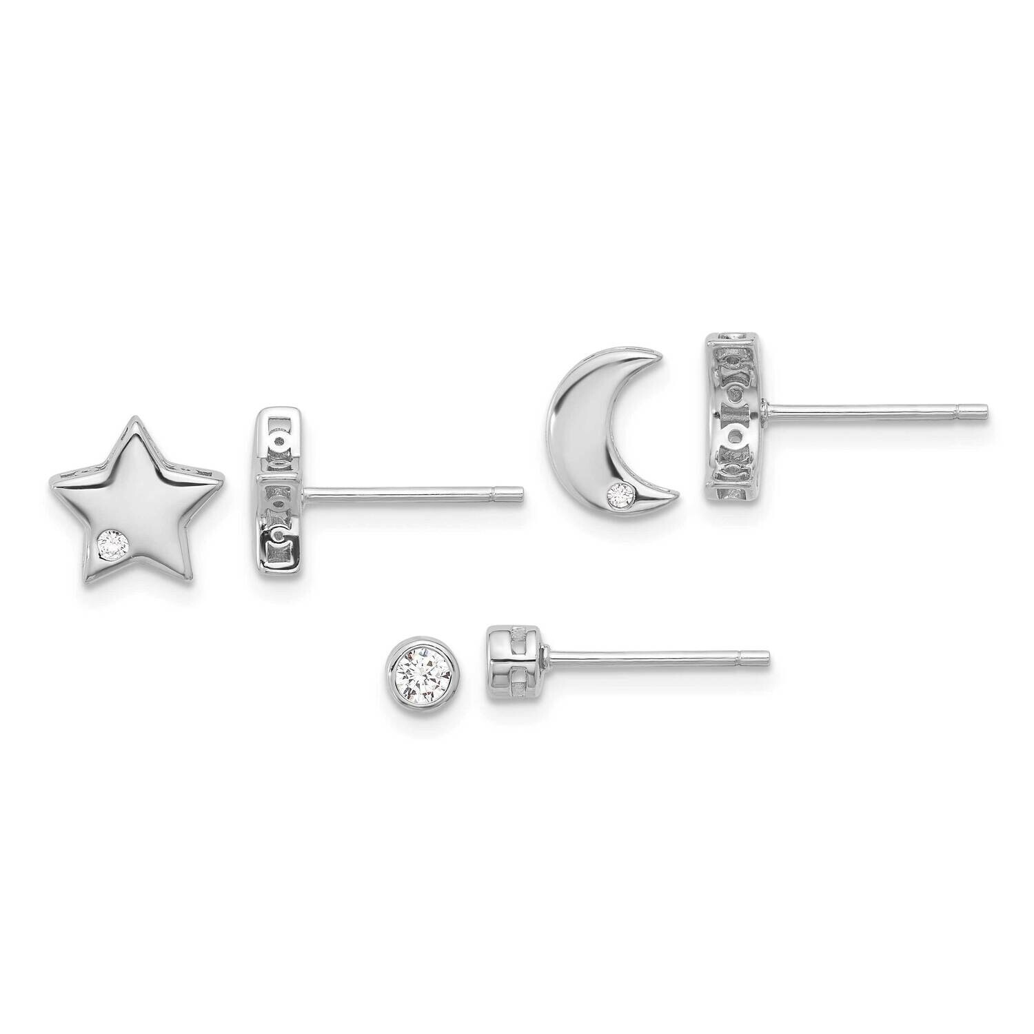 Rh-Plated CZ Moon Star Round Set Of 3 Post Earring Set Sterling Silver QE16725SET, MPN: QE16725SET,