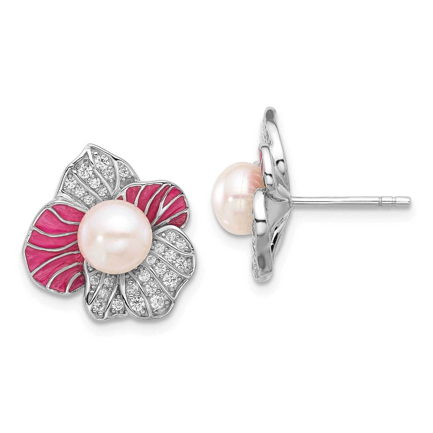 Rh-Plated Pink Enamel 6-7mm Fwc Pearl CZ Flower Earrings Sterling Silver QE17213