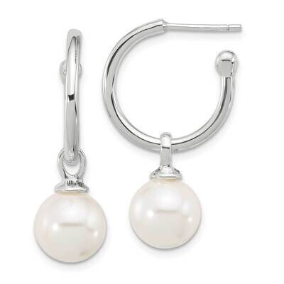Dangling 10mm Glass Pearl Post C-Hoop Earrings Sterling Silver Polished QE17276, MPN: QE17276,