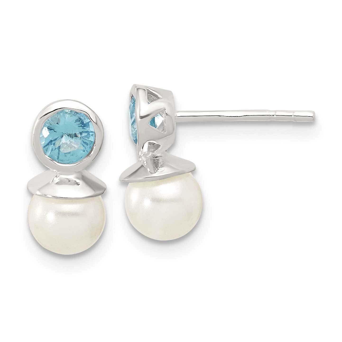 Blue CZ 6-6.5mm Glass Pearl Post Earrings Sterling Silver Polished QE17263, MPN: QE17263,