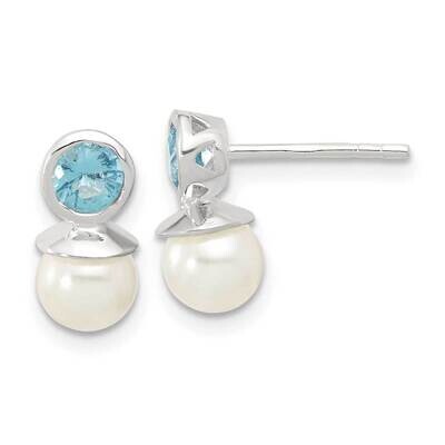 Blue CZ 6-6.5mm Glass Pearl Post Earrings Sterling Silver Polished QE17263, MPN: QE17263,