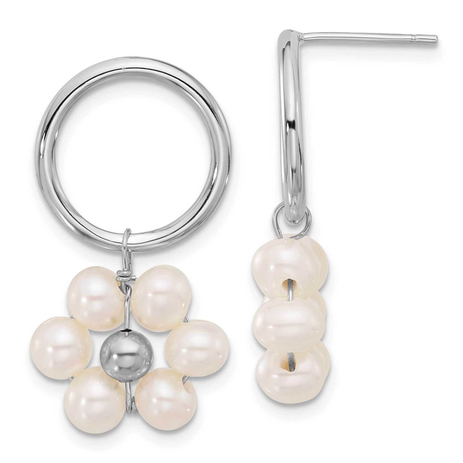 Rh-Plated 4-5mm White Fwc Pearl Flower Dangle Earrings Sterling Silver QE16719