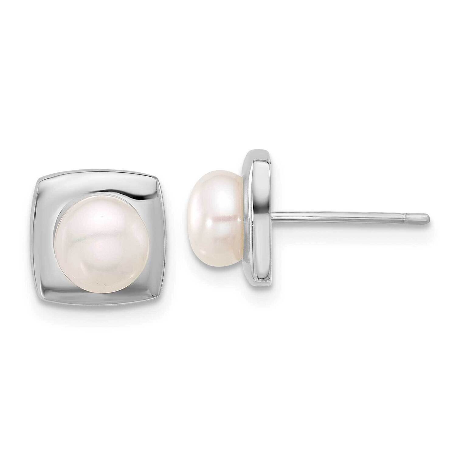 Rh-Plated 6-7mm White Fwc Pearl Square Post Earrings Sterling Silver QE17211