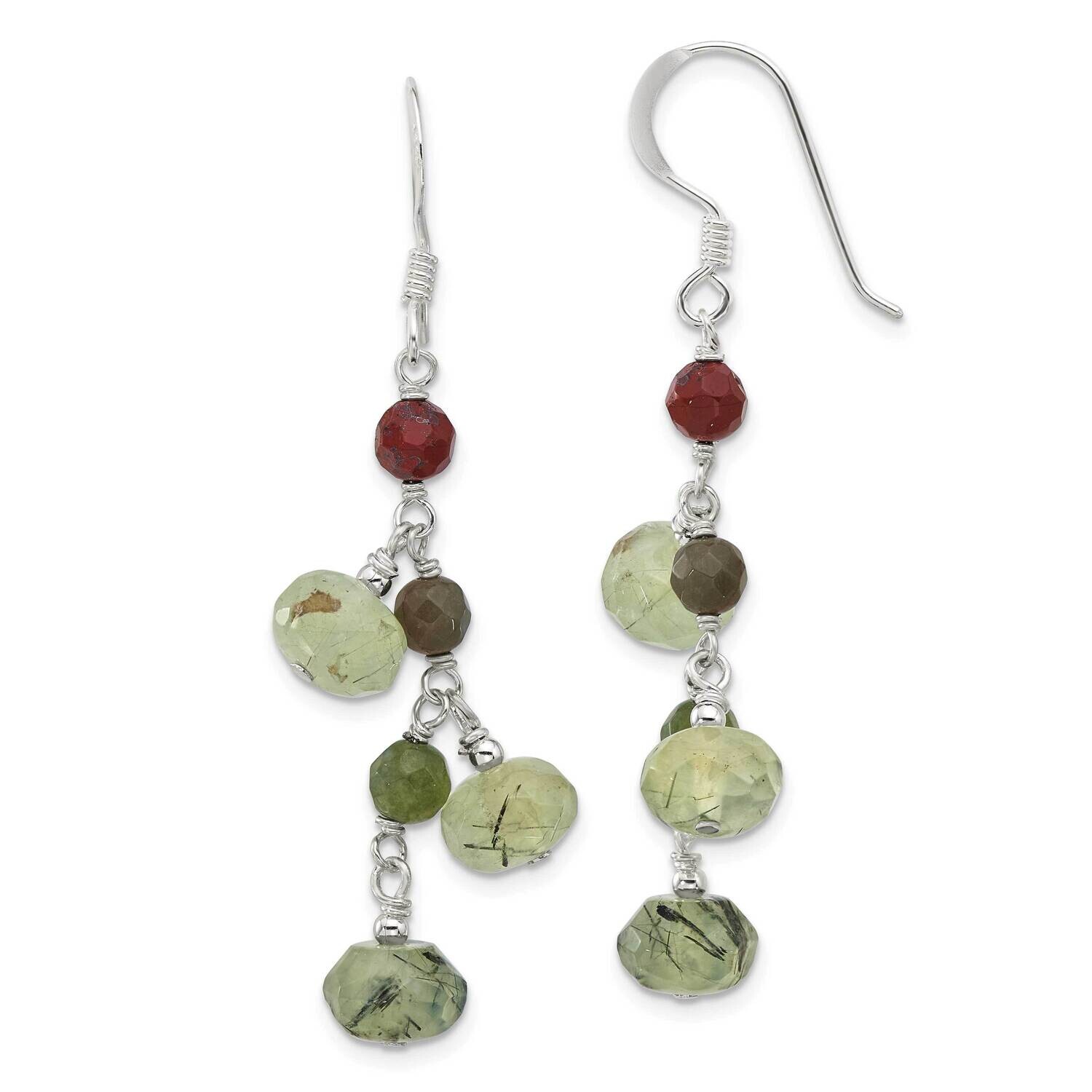 Faceted Jasper Prehnite Beads Dangle Earrings Sterling Silver Polished QE17322, MPN: QE17322,