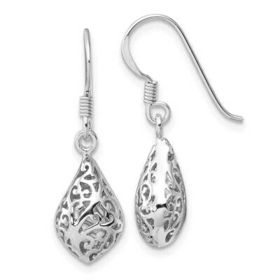 Rhod-Plated Polished Puffed Teardrop Filigree Earrings Sterling Silver QE17070, MPN: QE17070,