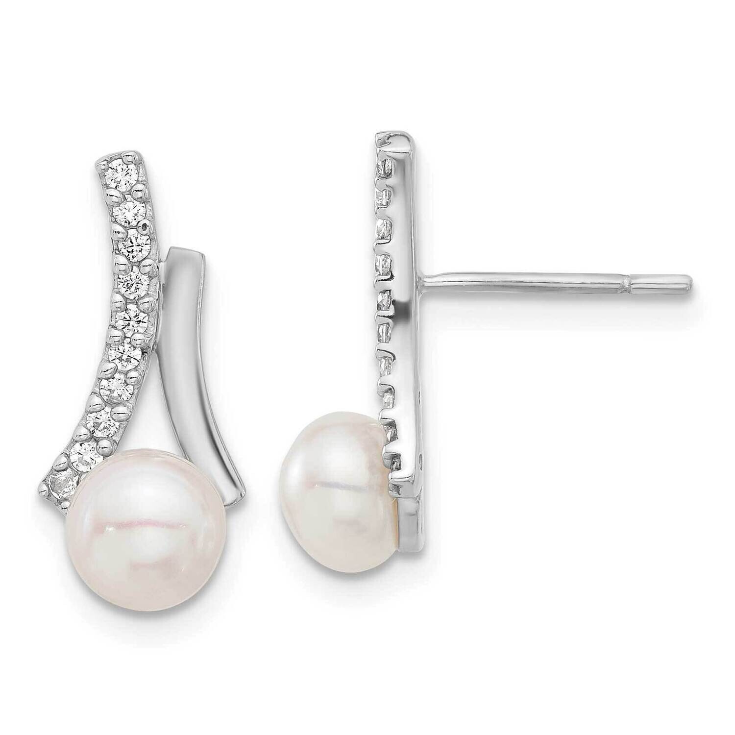 CZ Button 6mm Fwc Pearl Post Earrings Sterling Silver Rhodium-Plated QE17220, MPN: QE17220,