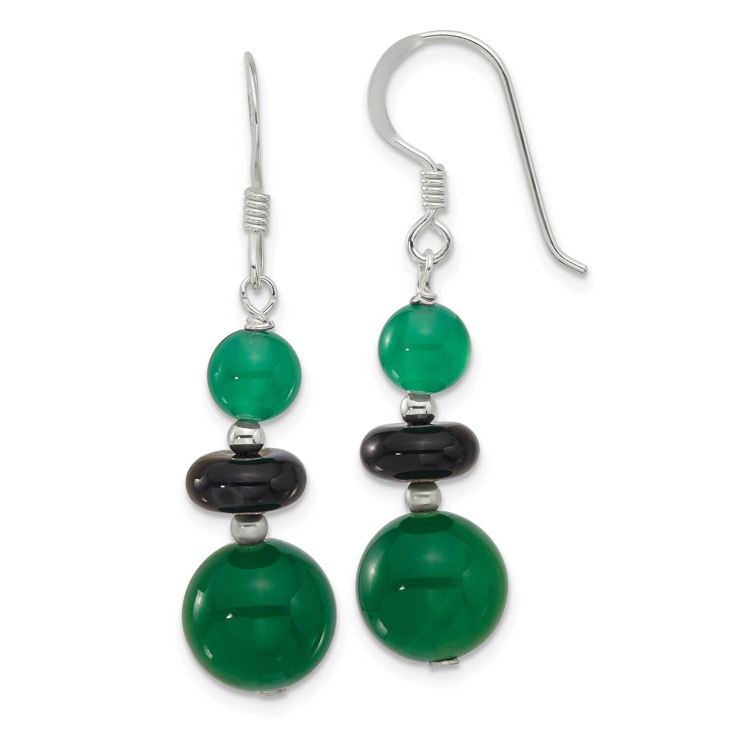 Black Agate &amp; Green Quartz Beads Dangle Earrings Sterling Silver Polished QE17352, MPN: QE17352,