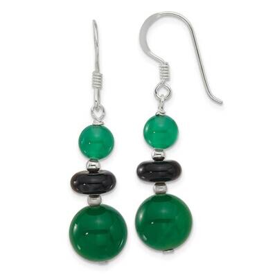 Black Agate &amp; Green Quartz Beads Dangle Earrings Sterling Silver Polished QE17352, MPN: QE17352,