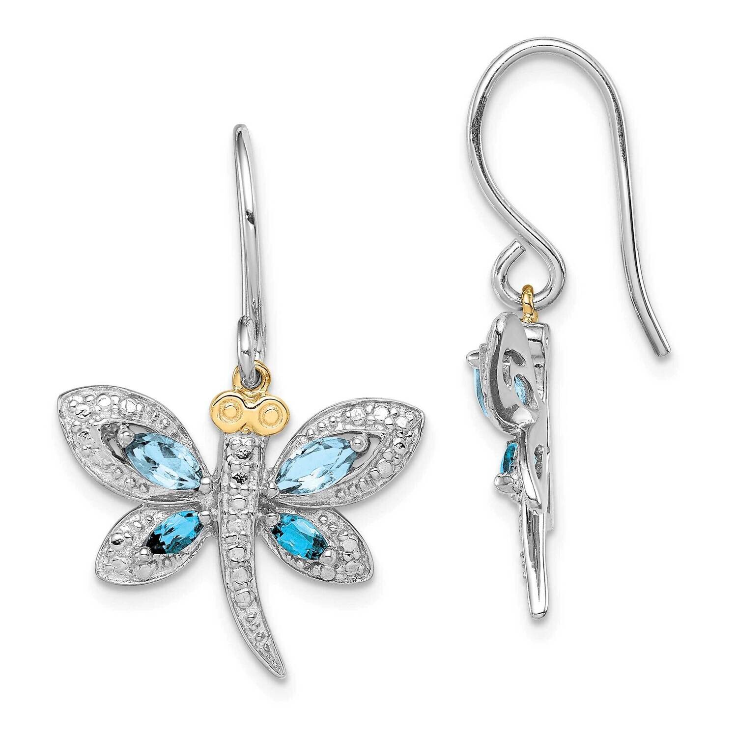 Brilliant Gemstones Sterling Silver Accent Rhodium-Plated Light Blue Topaz London Blue Topaz Diamond Dragonfly Shepherd Hook Dangle Earrings 14k Gold QE16657