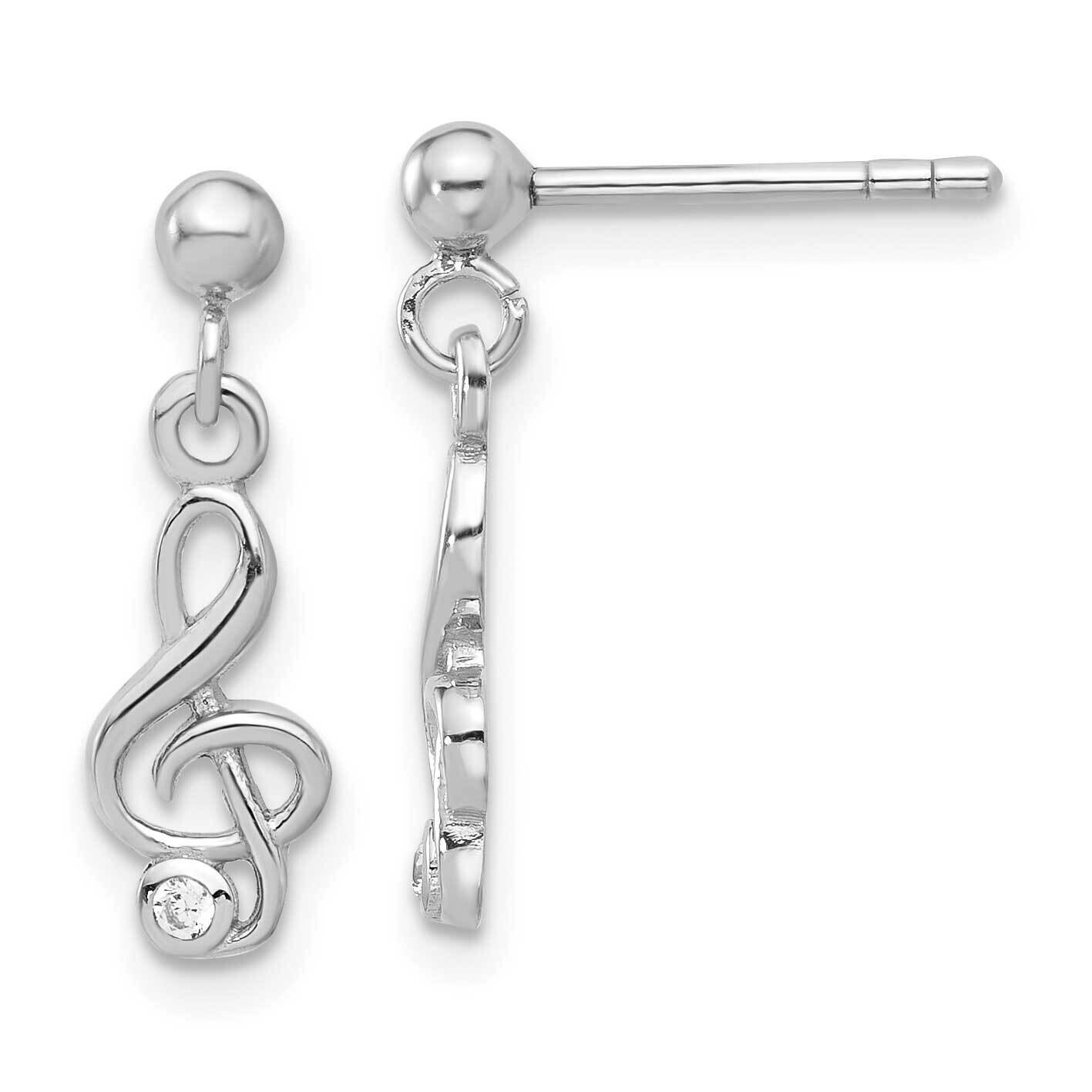 CZ Treble Clef Post Dangle Drop Earrings Sterling Silver Rhodium-Plated QE17666