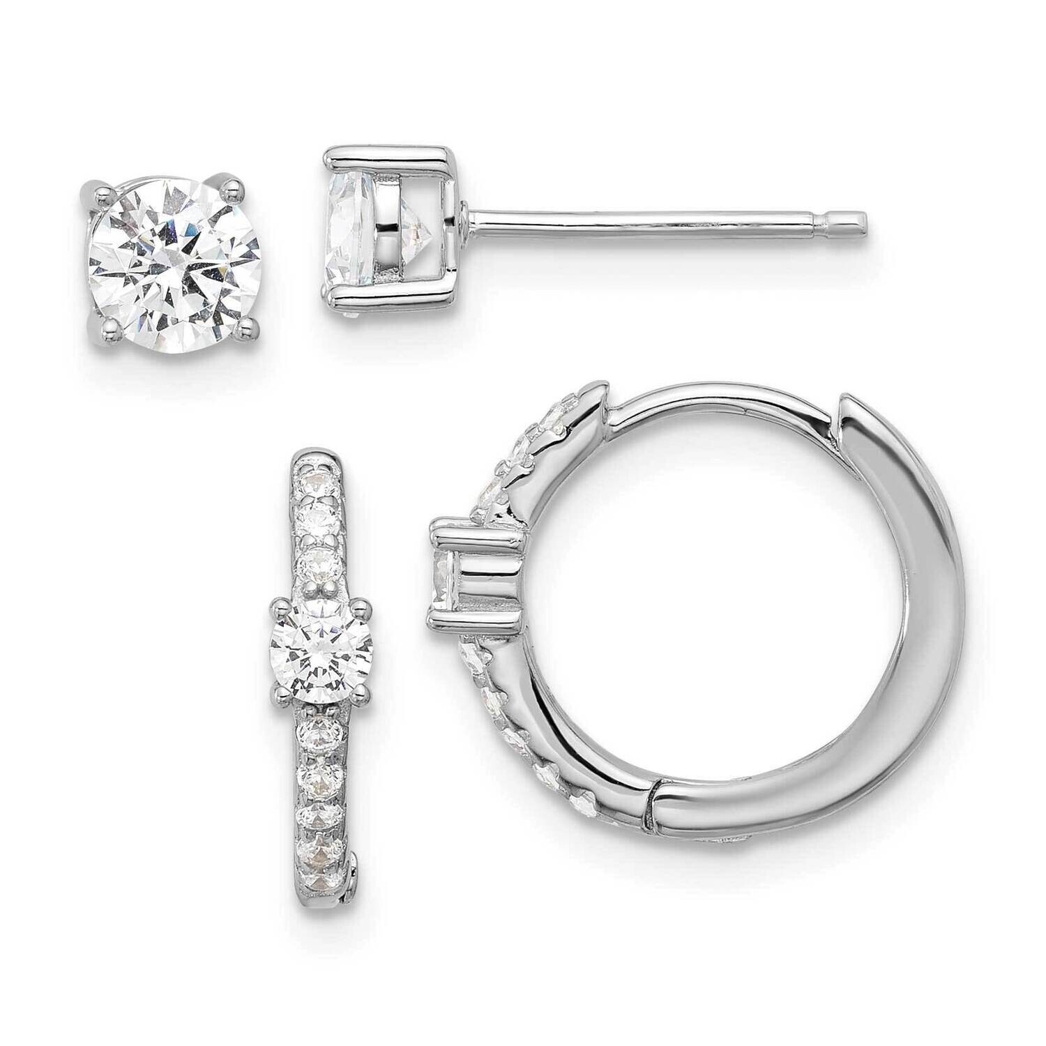 Rh-Plated 5mm CZ Studs Hinged Hoop Earring Set Sterling Silver QE16723SET, MPN: QE16723SET,