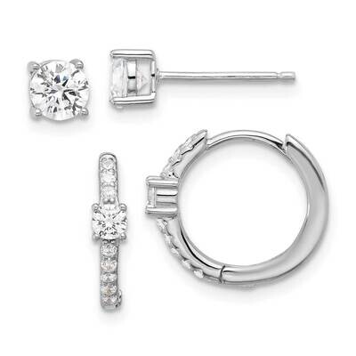 Rh-Plated 5mm CZ Studs Hinged Hoop Earring Set Sterling Silver QE16723SET, MPN: QE16723SET,
