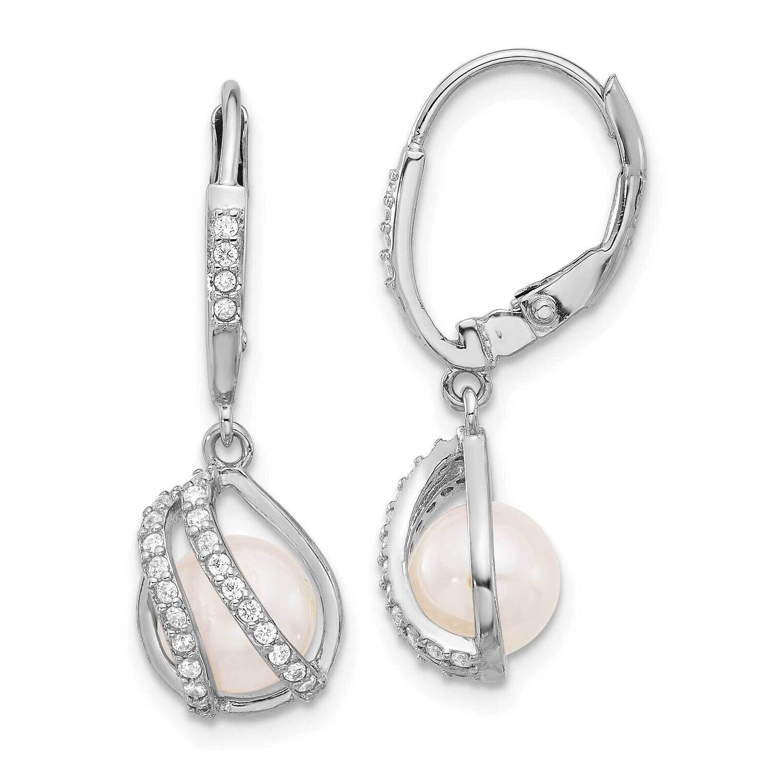Rh-Plat 6-7mm Fwc Pearl CZ Leverback Dangle Earrings Sterling Silver QE17244, MPN: QE17244,