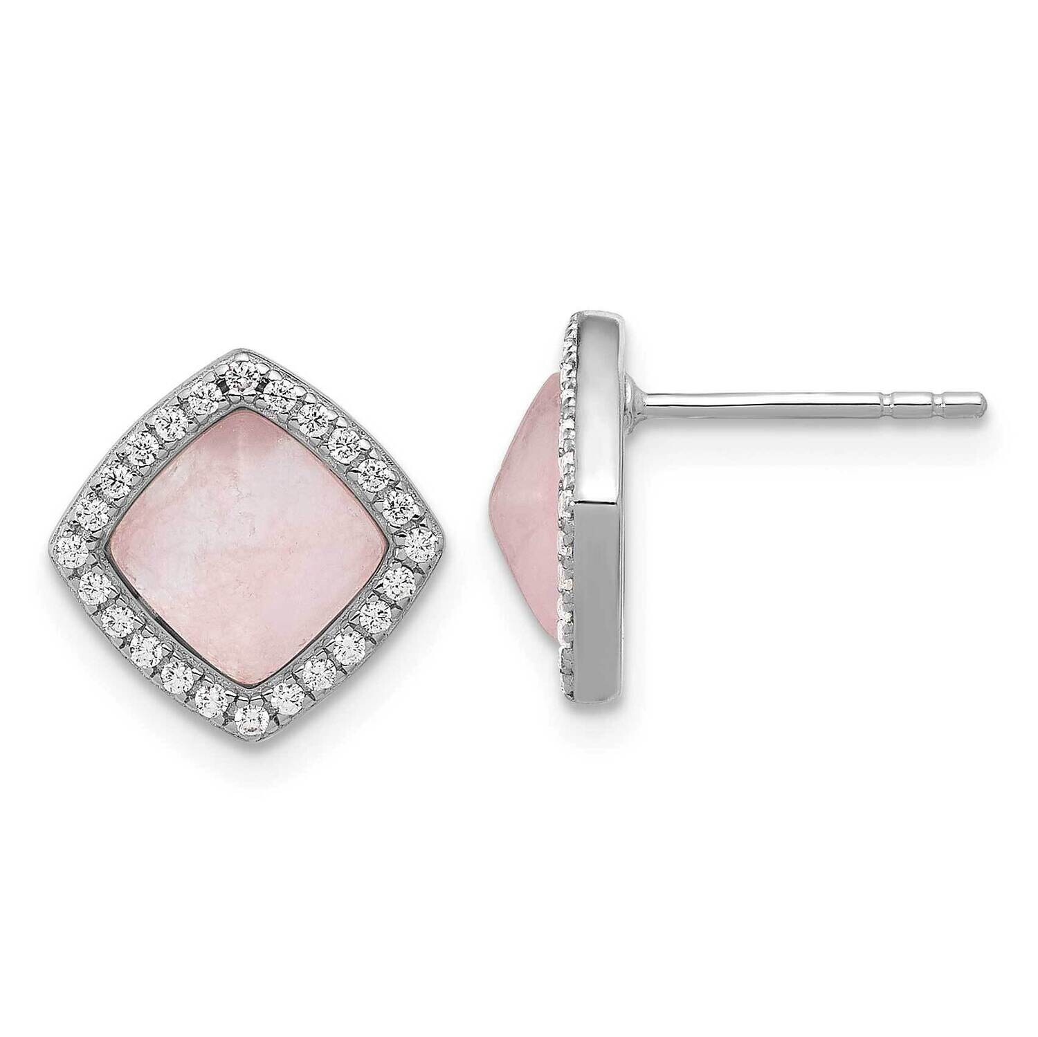 Rhod-Plated Polished CZ &amp; Rose Quartz Square Post Earrings Sterling Silver QE17463, MPN: QE17463,