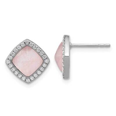 Rhod-Plated Polished CZ &amp; Rose Quartz Square Post Earrings Sterling Silver QE17463, MPN: QE17463,