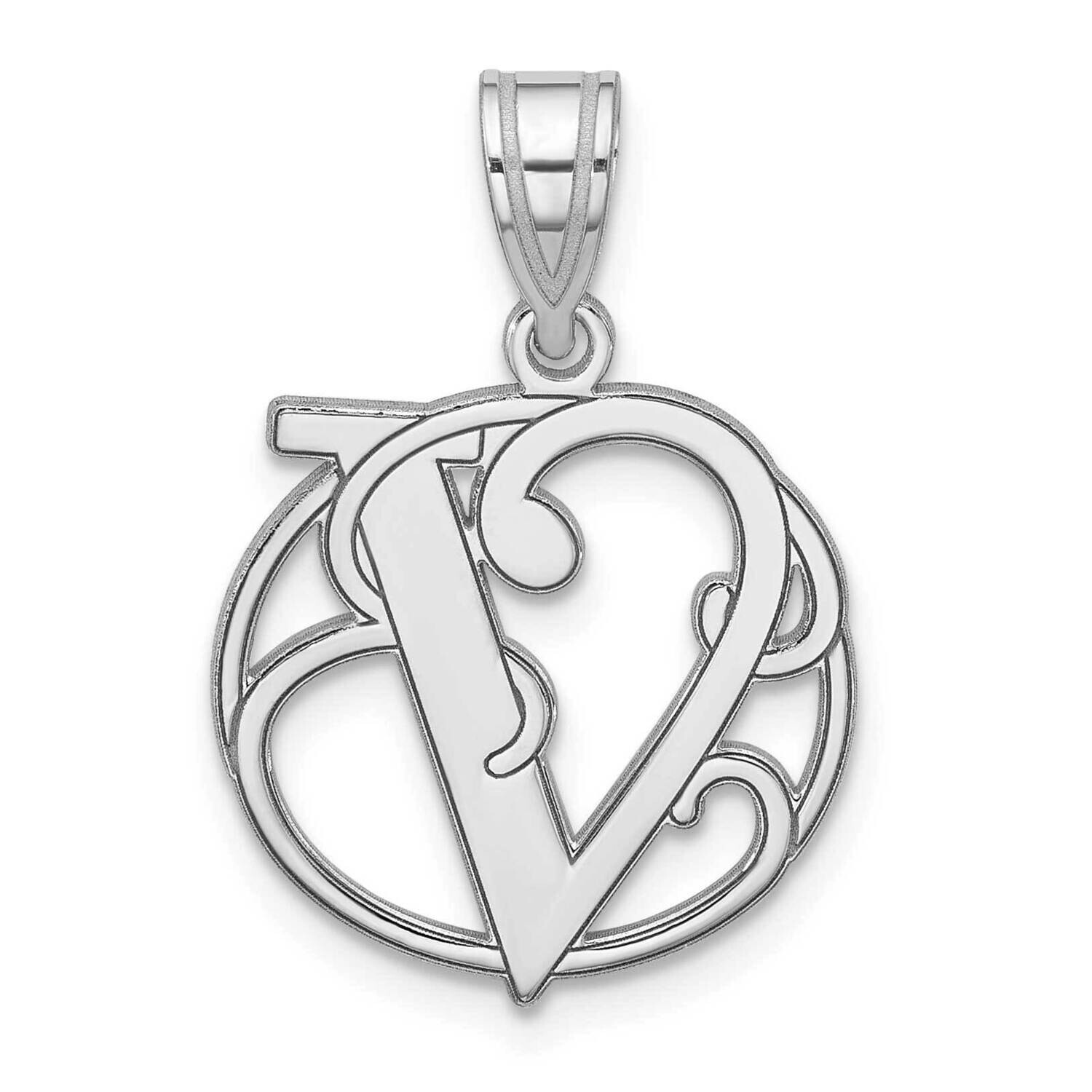Small Fancy Script Letter V Initial Pendant Sterling Silver Rhodium-Plated QC11257V, MPN: QC11257V,