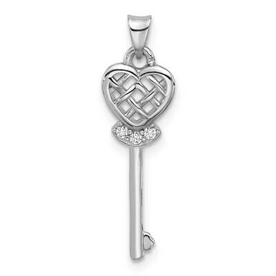Polished Criss Cross CZ Heart Key Pendant Sterling Silver Rhodium-Plated QC11262, MPN: QC11262,
