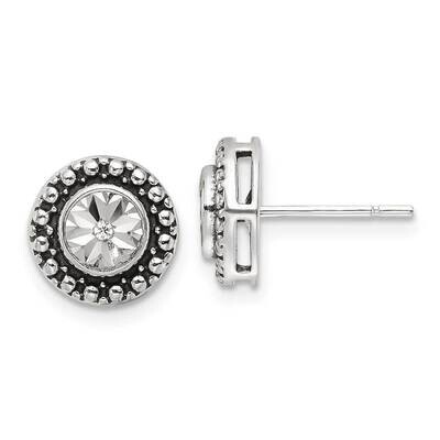 Antiqued Diamond-Cut CZ Post Earrings Sterling Silver Polished QE17109, MPN: QE17109,
