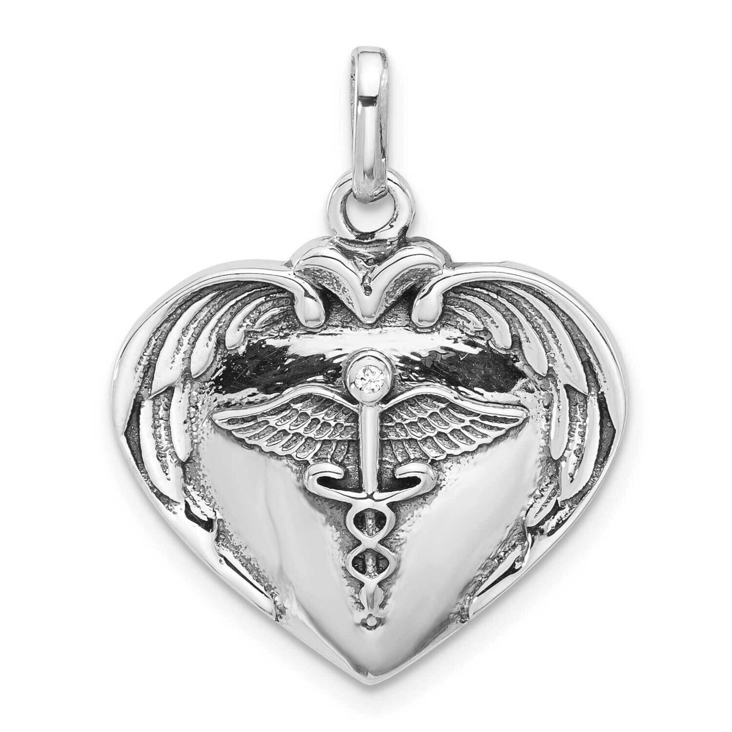 Rh-Plated Caduceus Heart Wings CZ Oxidized Pendant Sterling Silver QC11379, MPN: QC11379,
