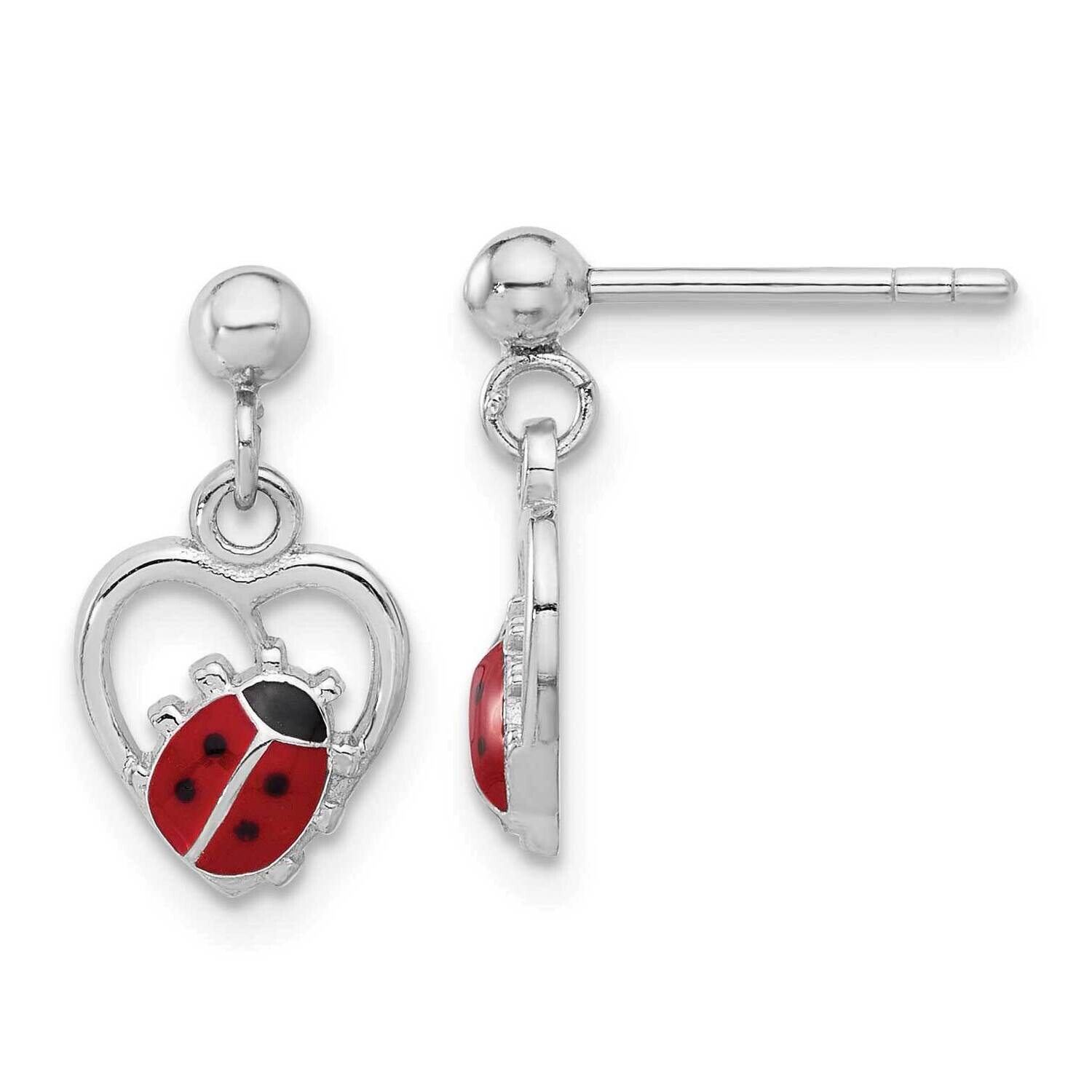 Rh-Plated Enameled Ladybug In Heart Post Dangle Earrings Sterling Silver QE17615, MPN: QE17615,