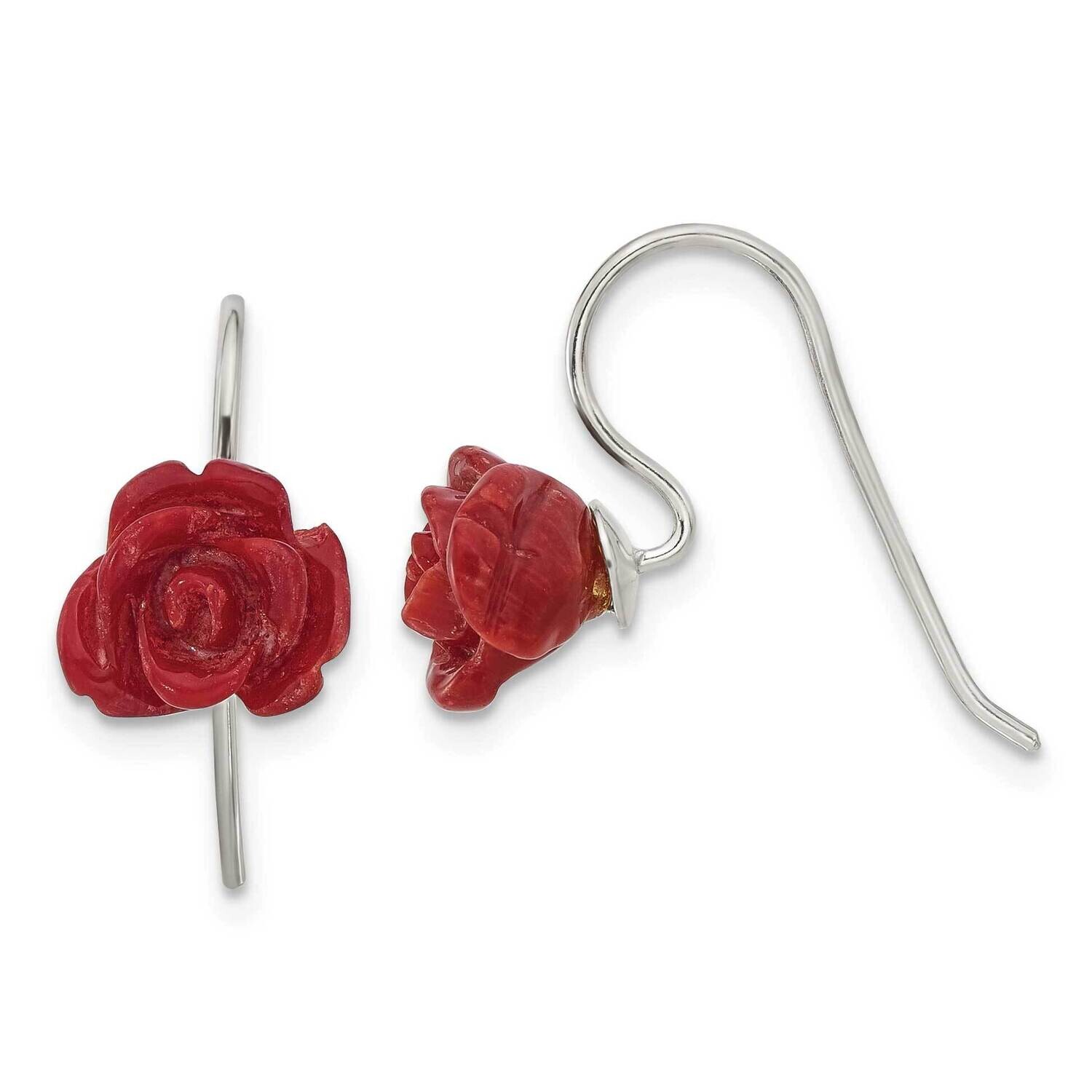 Red Coral Rose Dangle Earrings Sterling Silver Polished QE17332, MPN: QE17332,