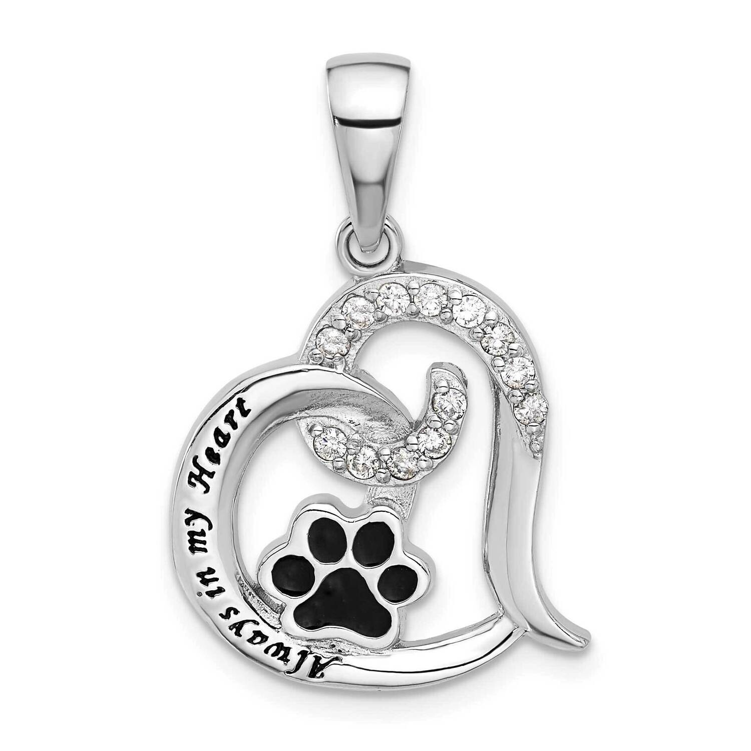 Rh-Plated Enamel CZ Paw Always In My Heart Pendant Sterling Silver QC11342, MPN: QC11342,