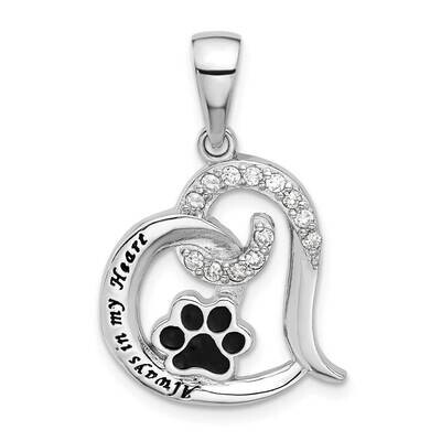 Rh-Plated Enamel CZ Paw Always In My Heart Pendant Sterling Silver QC11342, MPN: QC11342,