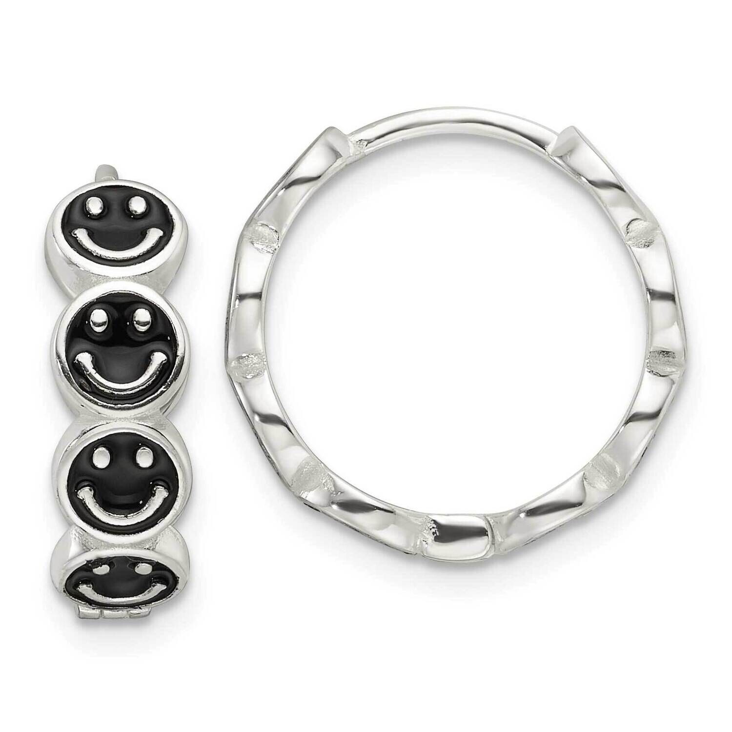 E-Coat Black Enamel Smiley Face Hinged Hoop Earrings Sterling Silver QE17609