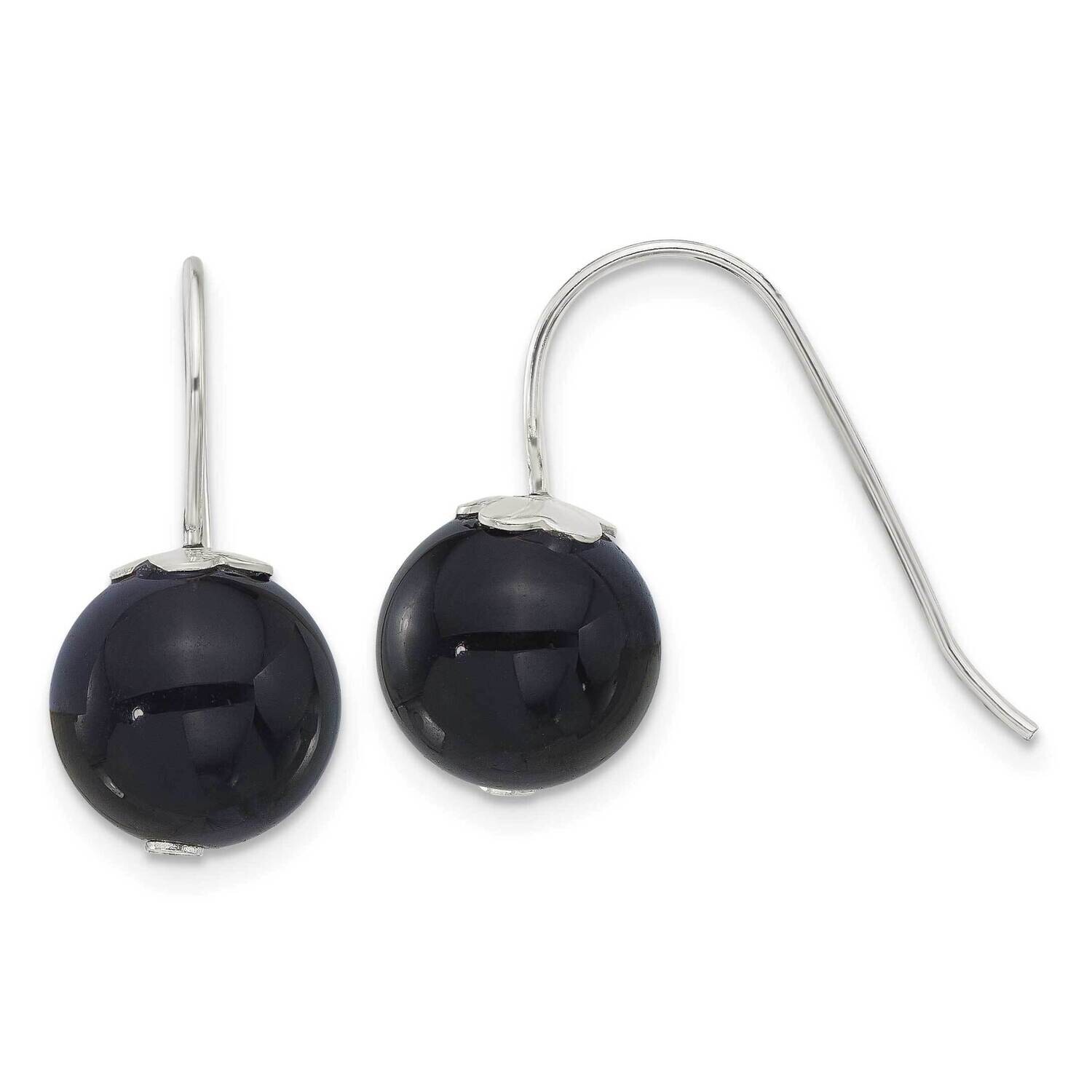 10mm Round Black Agate Dangle Earrings Sterling Silver Polished QE17398, MPN: QE17398,