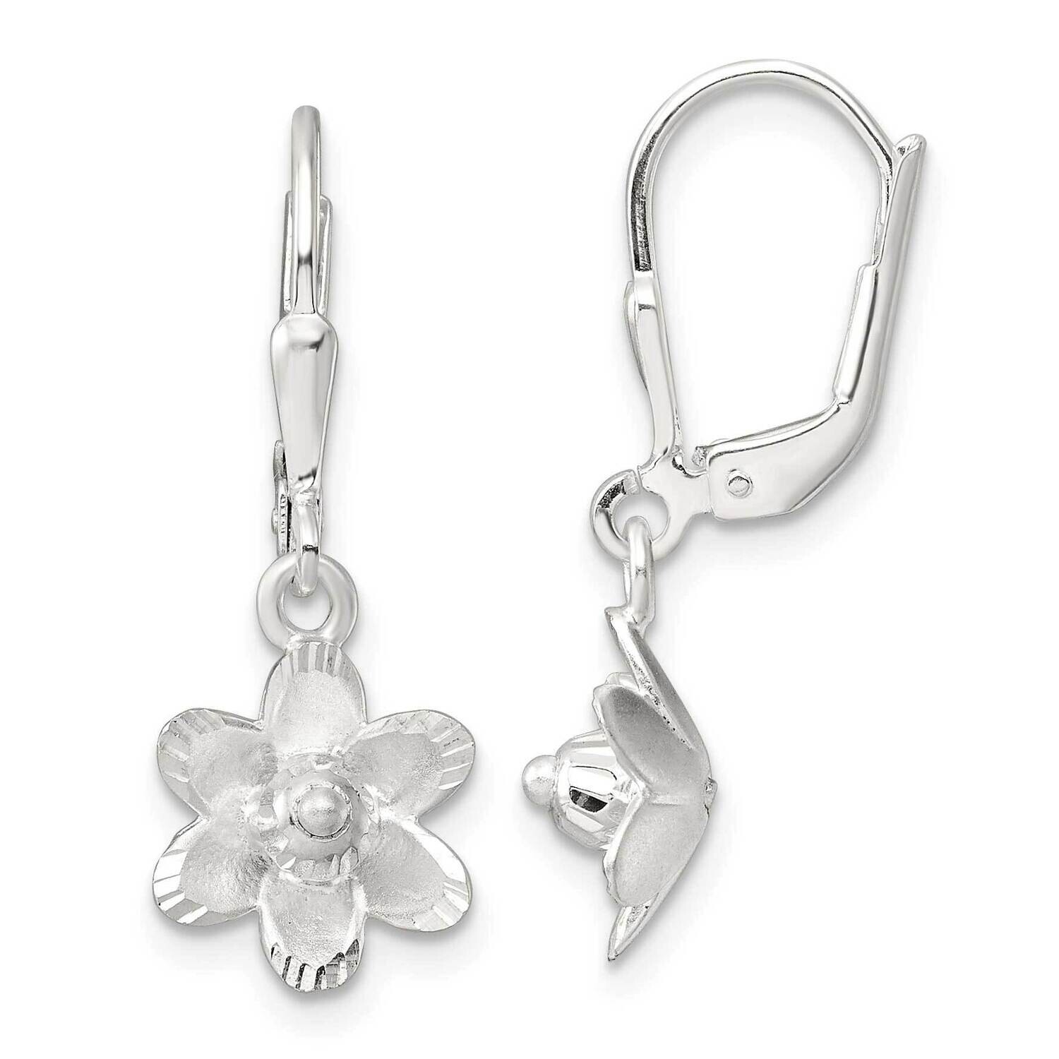 Polished Diamond-Cut Floral Leverback Earrings Sterling Silver Satin QE17642, MPN: QE17642,