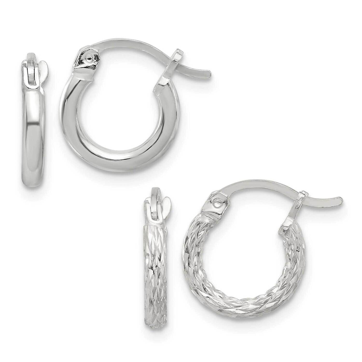 Polished Textured Diamond-Cut 2 Pr. Hoop Earring Set Sterling Silver Rhodium-Plated QE16730SET