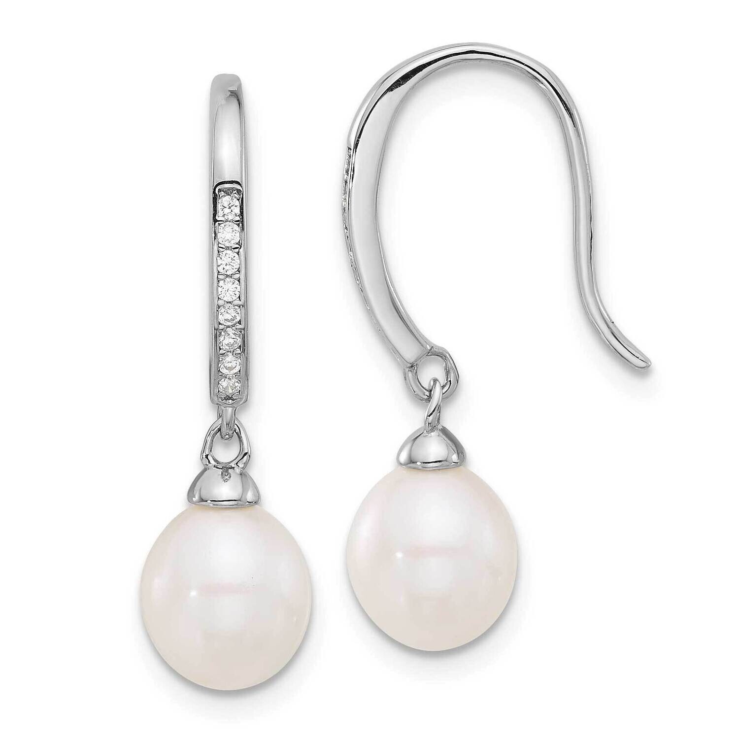Polished White 7-8mm Freshwater Cultured Pearl &amp; CZ Dangle Earrings Sterling Silver Rhodium-Plated …